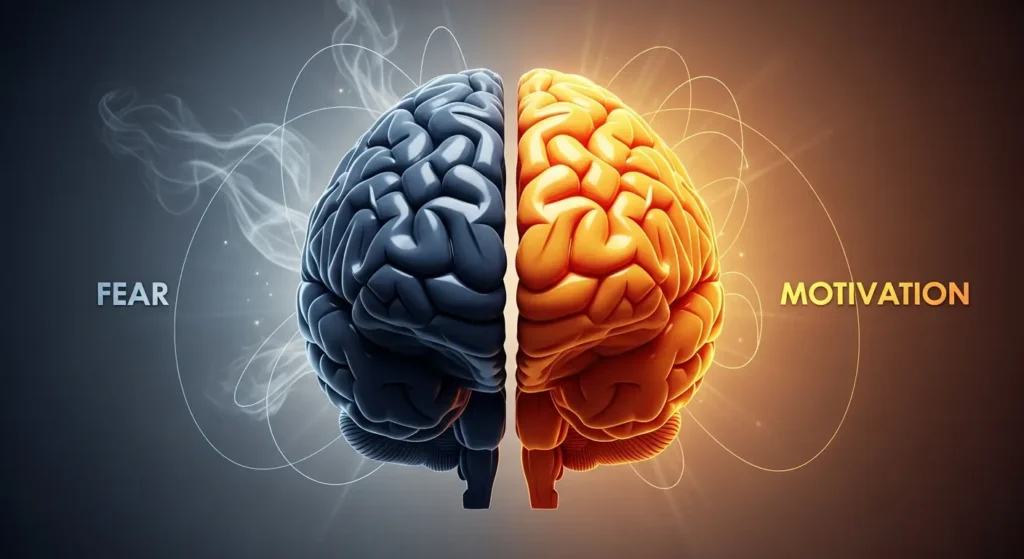 Illustration of brain split between fear and motivation showing mindset balance in overcoming procrastination.
