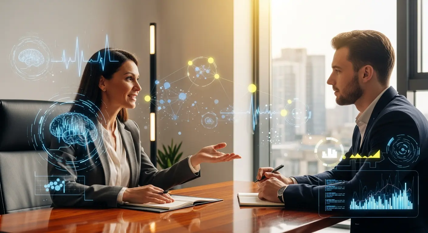 Professionals in a coaching session with neural graphics for NLP Certification.