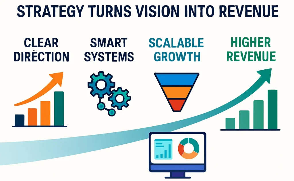 Business strategy infographic showing direction, systems, growth, analytics, and revenue gains.