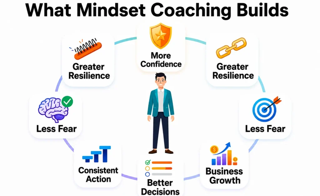 What mindset coaching builds infographic showing increased confidence, greater resilience, reduced fear, consistent action, better decision-making, stronger relationships, and business growth through mindset development.