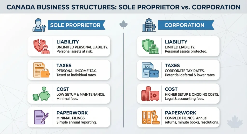 Comparison of sole proprietorship vs corporation for starting a coaching business in Canada