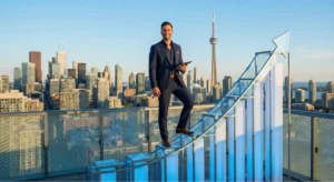 Consultant Growth Story: A man stands on a skyscraper overlooking Toronto with a rising growth chart.