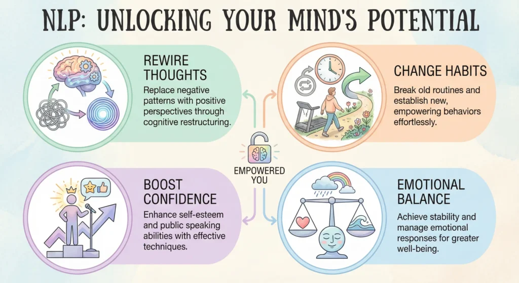 Infographic showing how NLP techniques support self-improvement