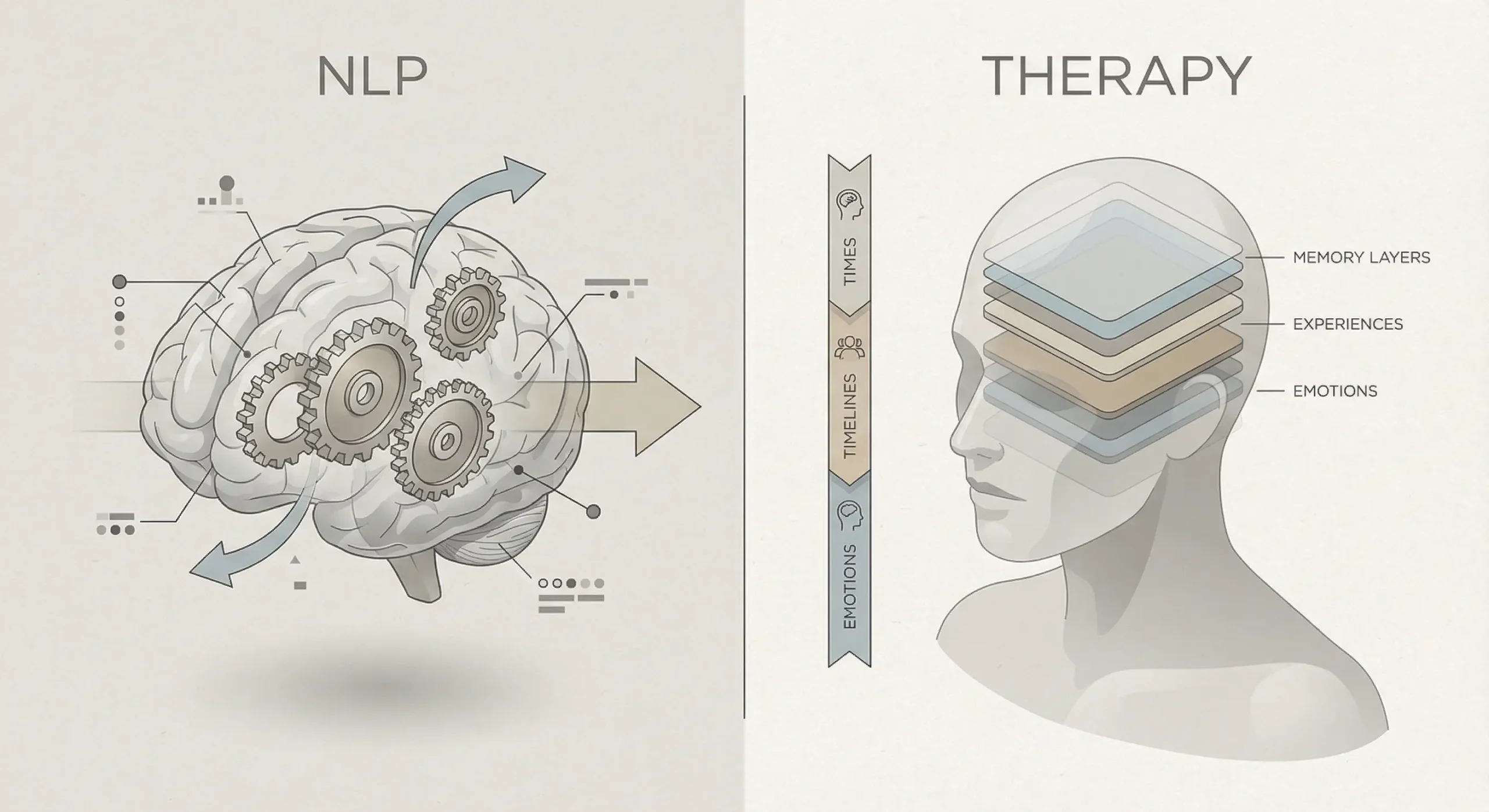 Comparison of NLP vs traditional therapy showing future-focused NLP and past-focused therapy