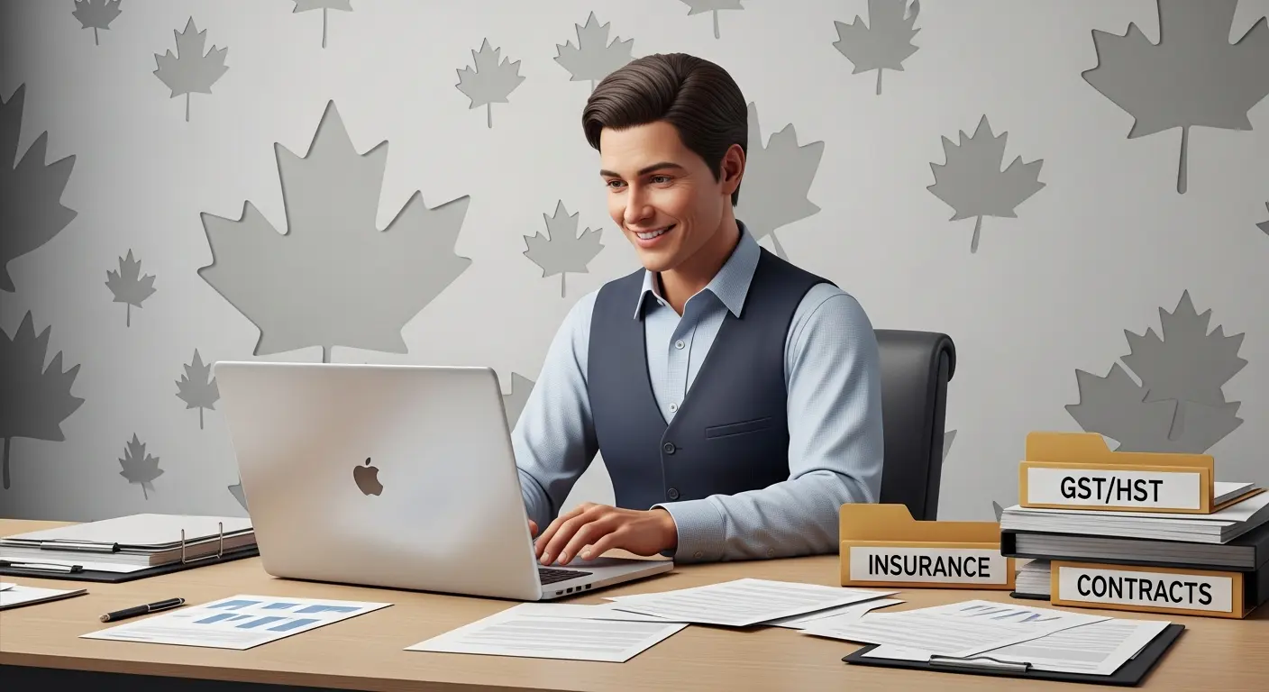 Illustration showing how to start a coaching business in Canada legally with contracts, taxes, and insurance