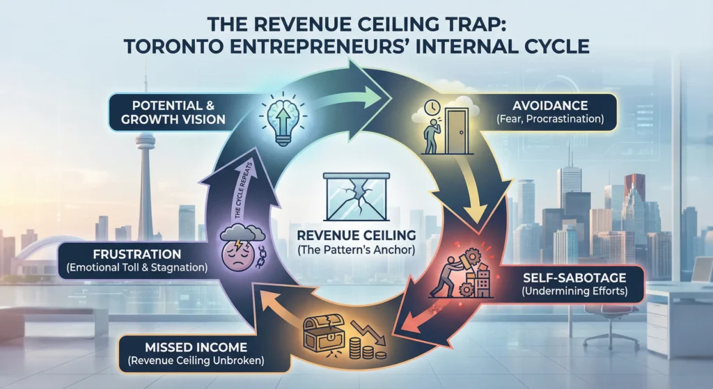 Toronto entrepreneurs' revenue ceiling trap cycle: avoidance, self-sabotage, and missed income.