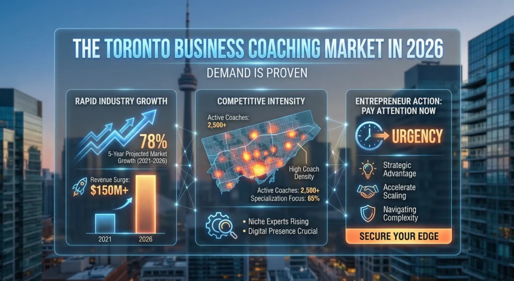 Toronto business coaching market 2026 infographic showing 78% growth and $150M+ revenue surge.