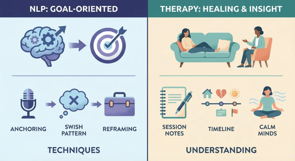 Comparison of NLP vs traditional therapy showing future-focused NLP and past-focused therapy