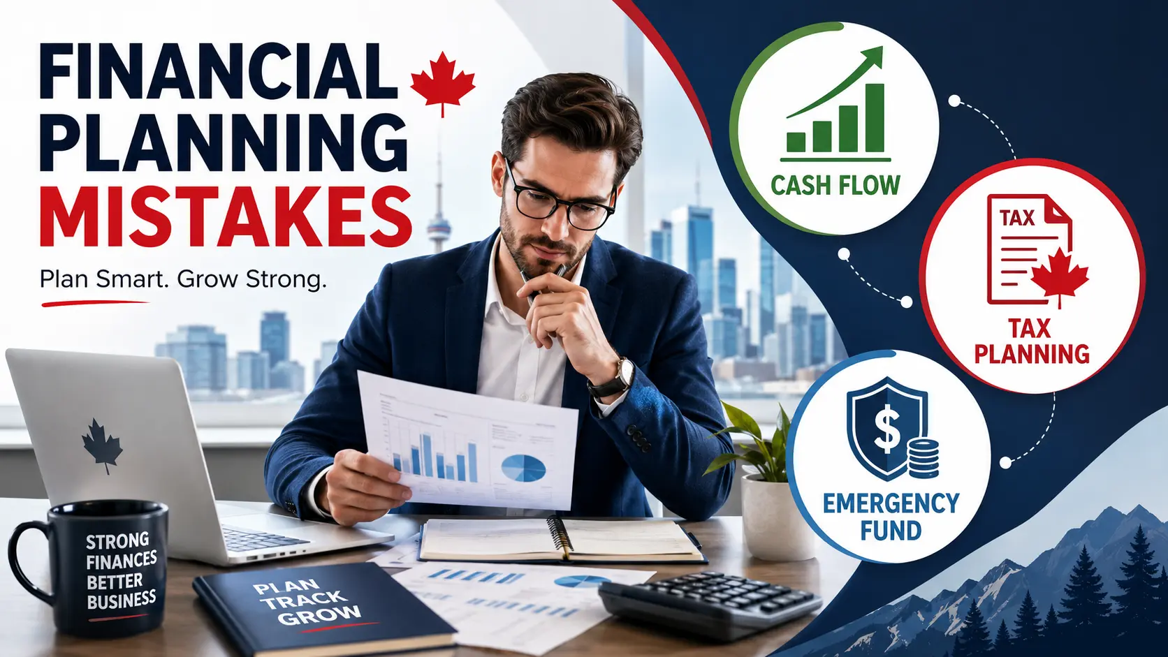 Financial planning mistakes in Canada infographic featuring cash flow management, tax planning, and emergency fund strategies to help individuals and business owners build long-term financial stability.