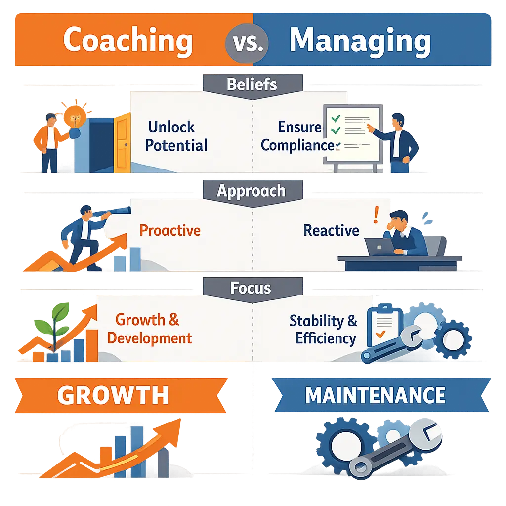 Coaching vs managing comparison for employee retention coaching improvement