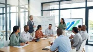 A diverse team in a meeting discussing Corporate Wellness and performance strategies