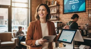 Small business owner using digital tools and analytics in a café, representing Digital Transformation growth