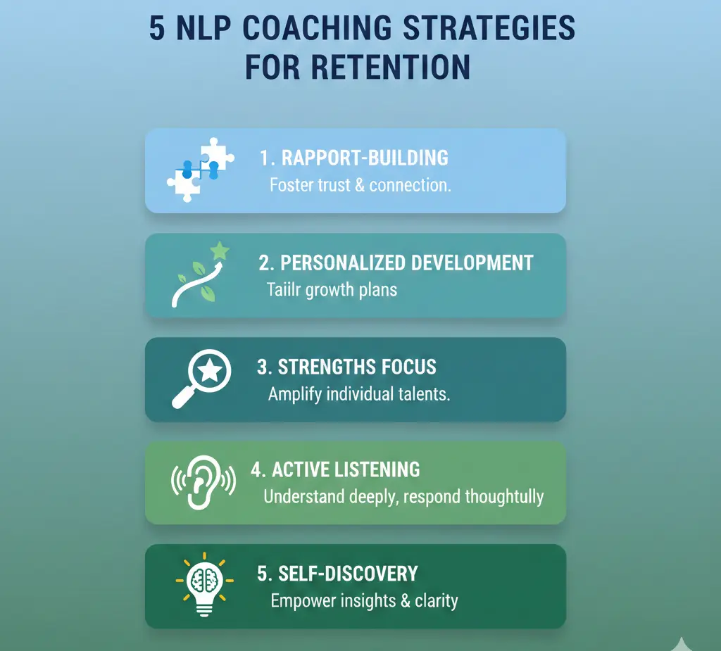 Infographic listing five NLP coaching strategies improving employee retention through personal development