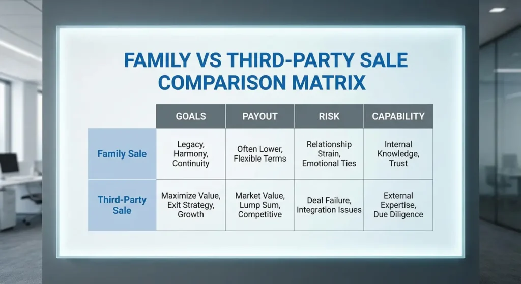 Infographic comparing family succession vs third-party business sale strategies.