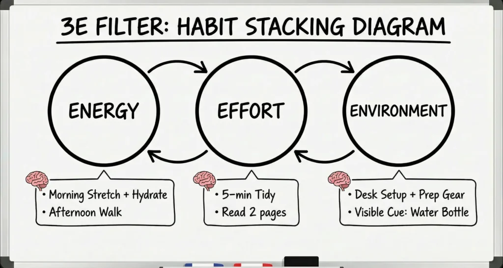 infographic explaining 3E habit filter for entrepreneurs
