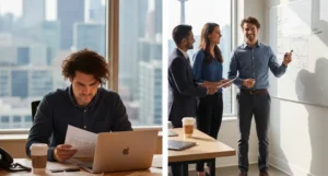 Business team planning growth and operations for a Service Business in a modern office setting.