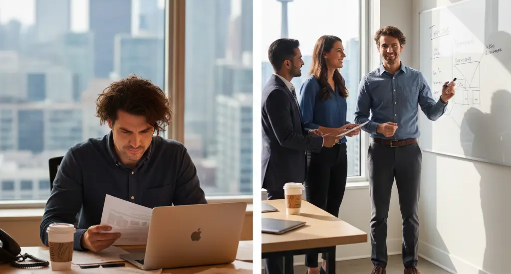 Business team planning growth and operations for a Service Business in a modern office setting.