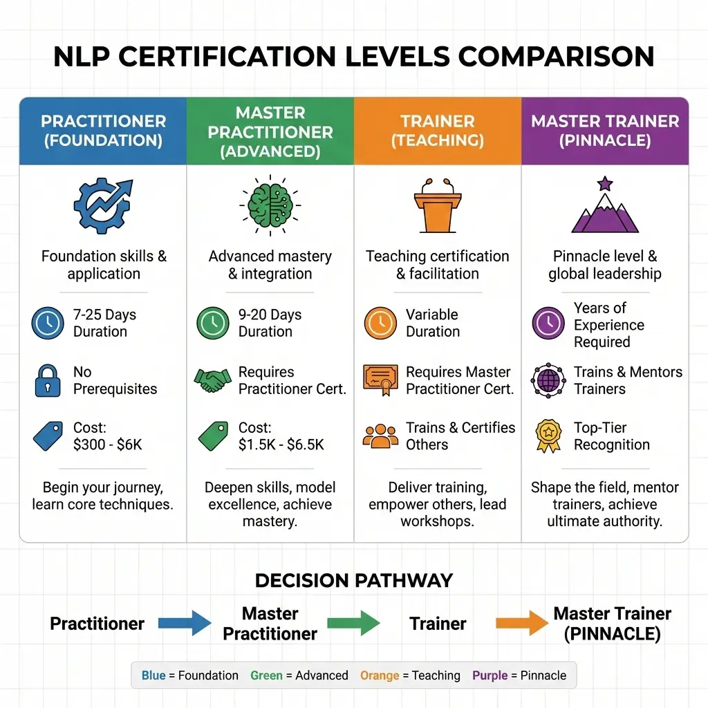 Infographic comparing NLP certification levels and requirements