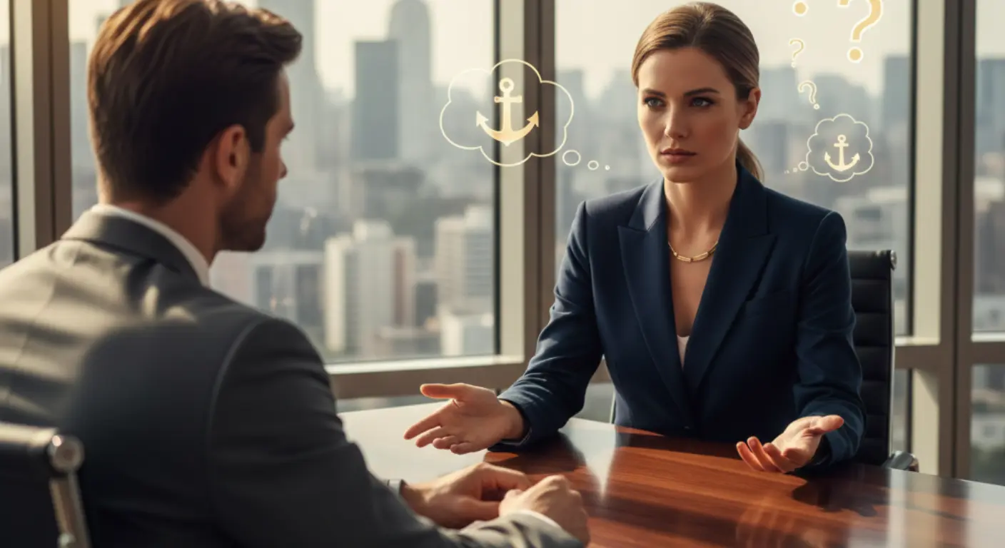 Business leaders in High-Stakes Negotiations using NLP anchoring techniques during a serious boardroom discussion.