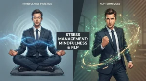 NLP vs Mindfulness comparison showing a man meditating versus using NLP techniques to manage stress.