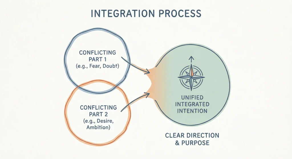 Venn-style diagram showing two conflicting internal parts merging into unified integrated intention; minimal coaching visual