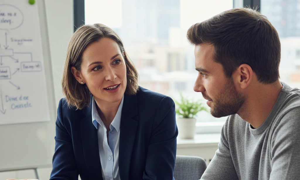 Manager coaching employee in a one-on-one meeting to improve retention and workplace coaching Strategies