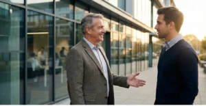 Two business owners discussing leadership transition during Succession Planning for a small business.