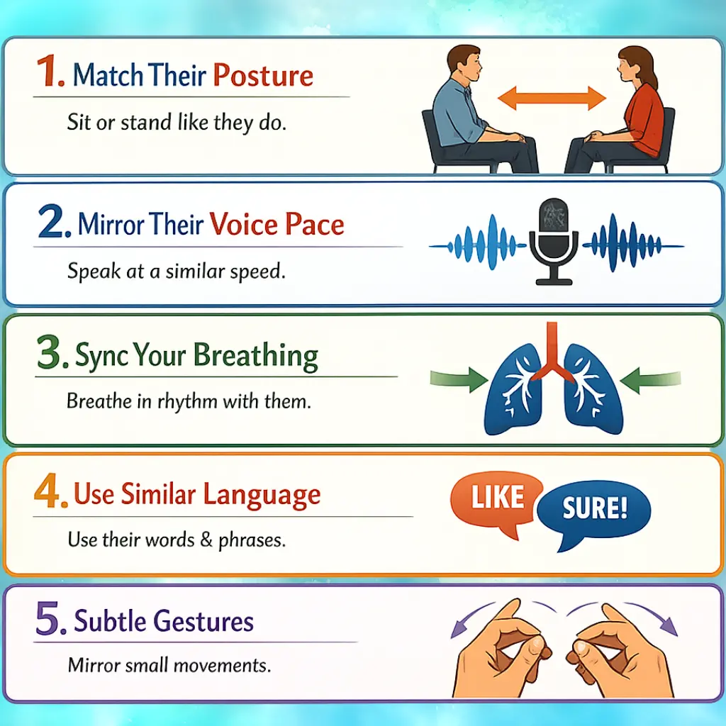 Infographic explaining NLP mirroring in negotiations