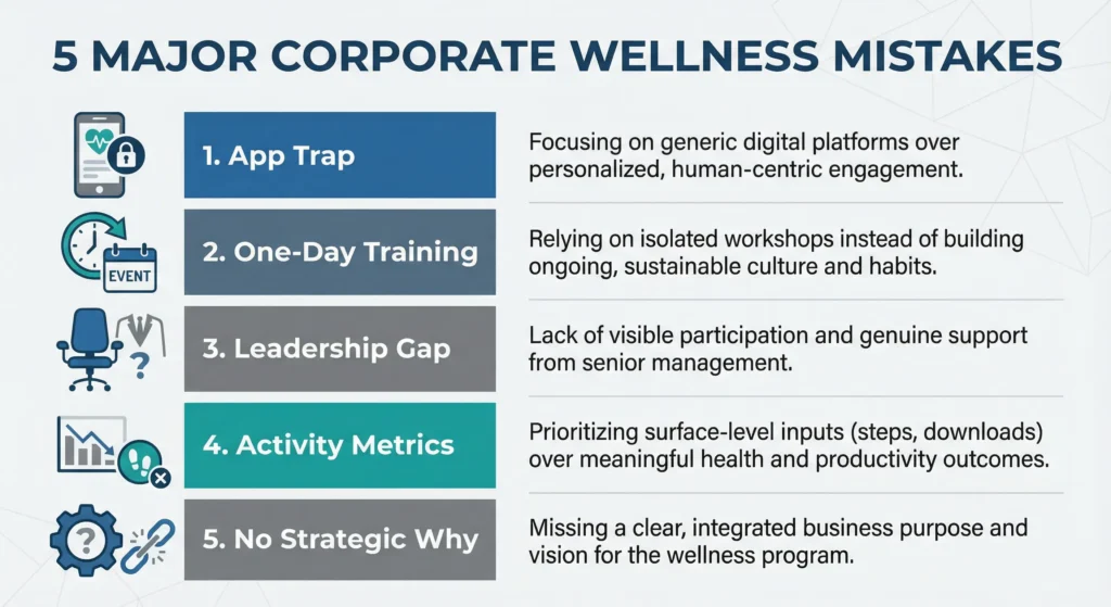 Infographic showing common mistakes in corporate wellness and NLP adoption