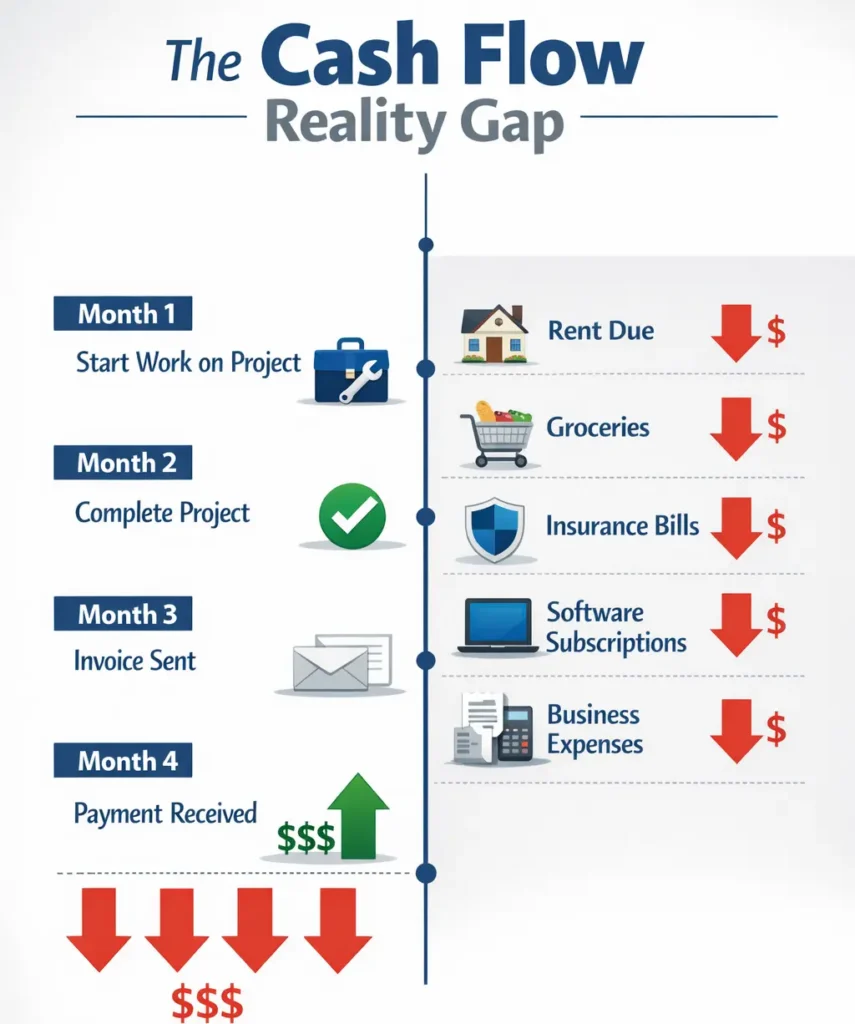 Cash flow gap chart showing project timeline vs monthly expenses before payment received