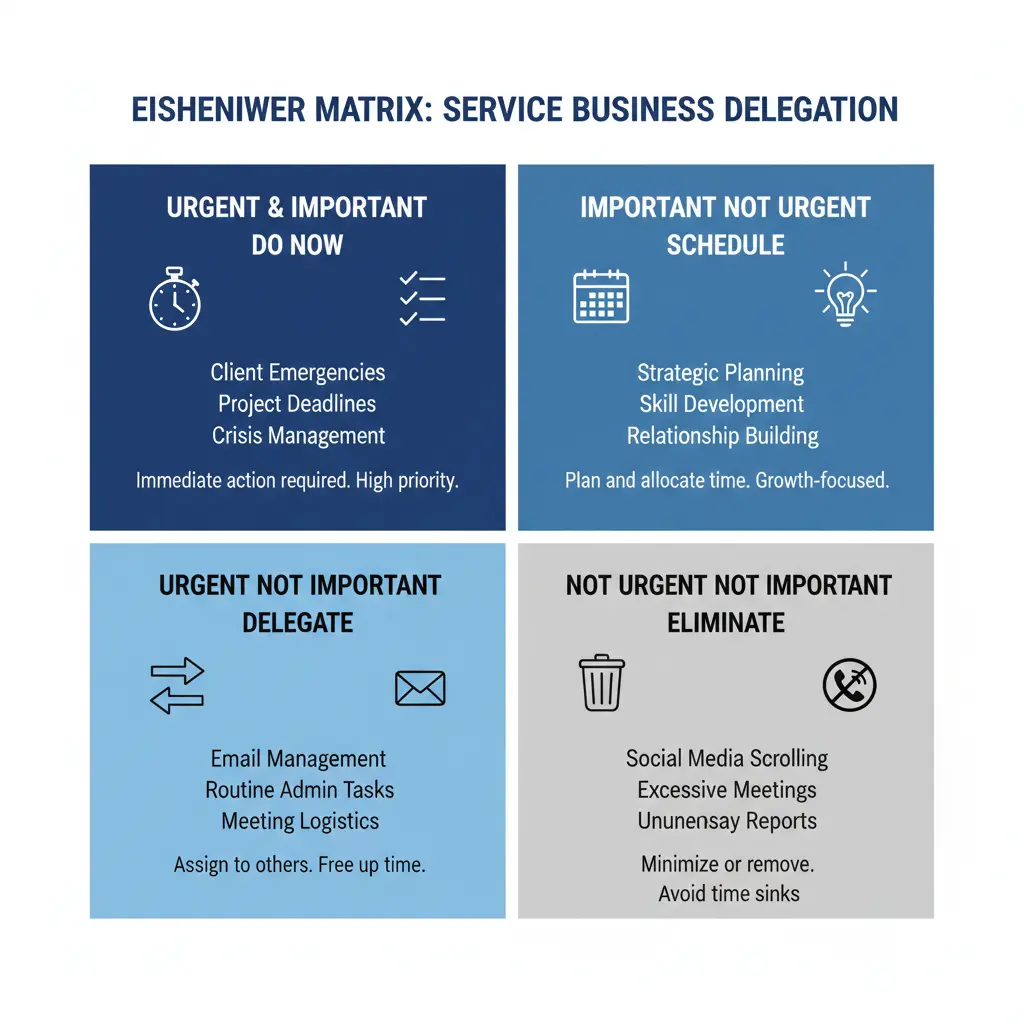 Eisenhower Matrix showing delegation priorities for service business tasks by urgency and importance.