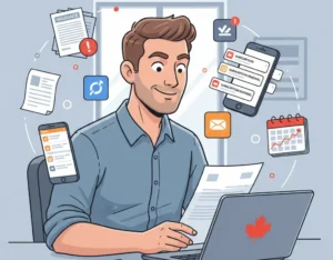 Illustration of a business owner tracking subscriptions and bills, revealing the Hidden Costs of starting a business.