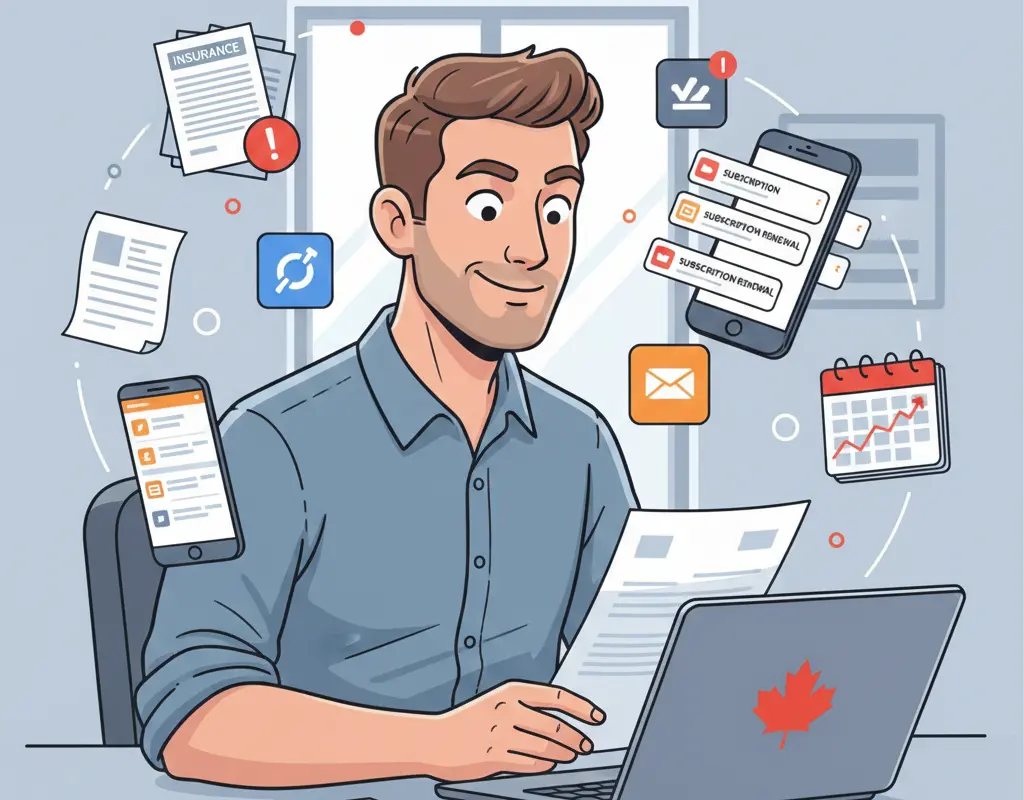 Illustration of a business owner tracking subscriptions and bills, revealing the Hidden Costs of starting a business.