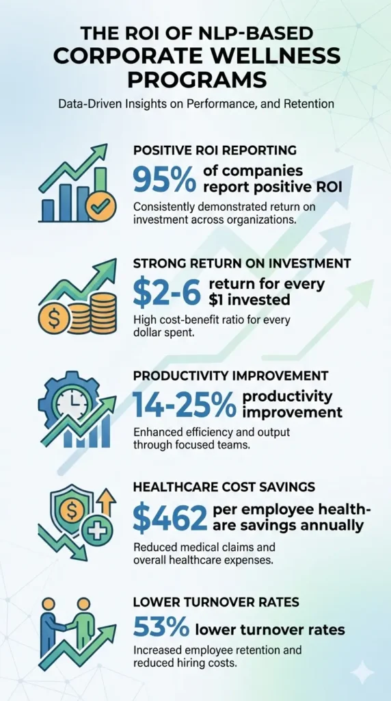 Infographic: ROI of NLP-based Corporate Wellness Programs with productivity and retention stats.
