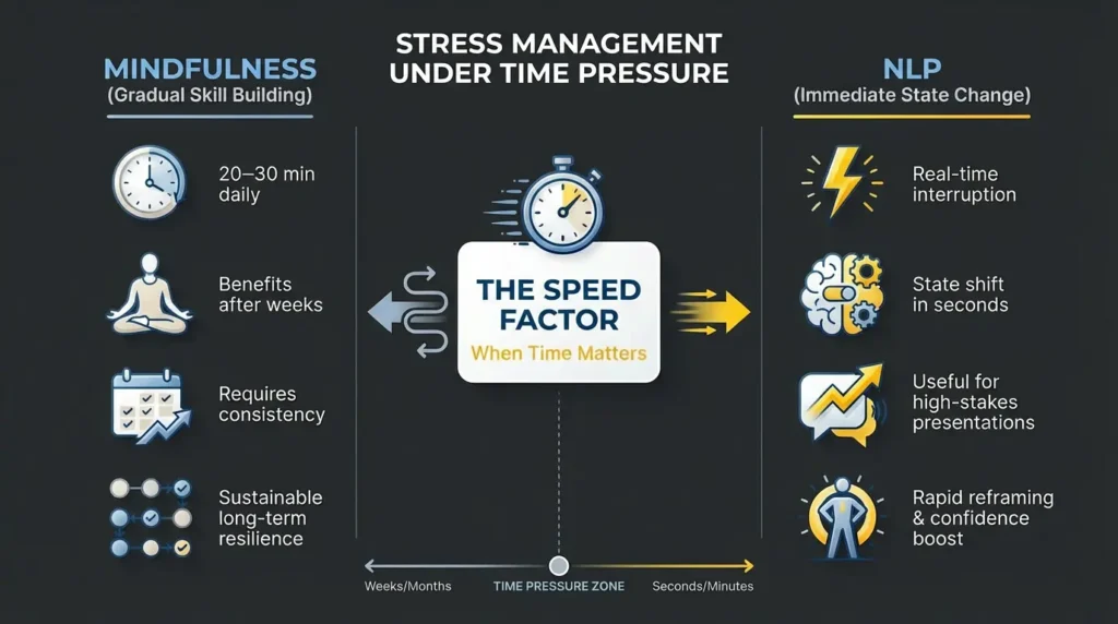 Infographic comparing mindfulness and NLP for stress management under time pressure highlighting speed factor.