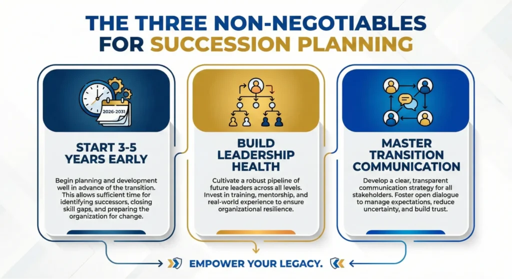 Infographic showing the three non-negotiables of Succession Planning: early start, leadership, and communication.