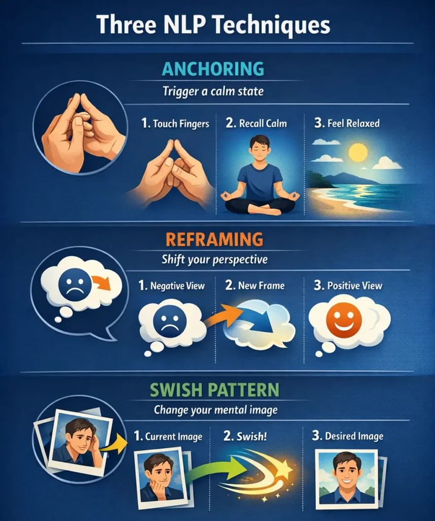 Infographic showing three NLP techniques: anchoring, reframing, and swish pattern with step visuals.