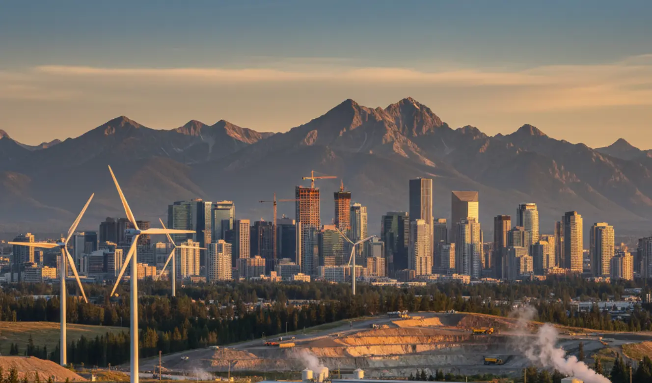 City skyline with wind turbines representing Western Canada’s Emerging Industries and clean energy growth