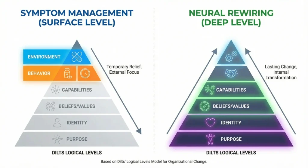 Infographic comparing symptom management vs neural rewiring using NLP