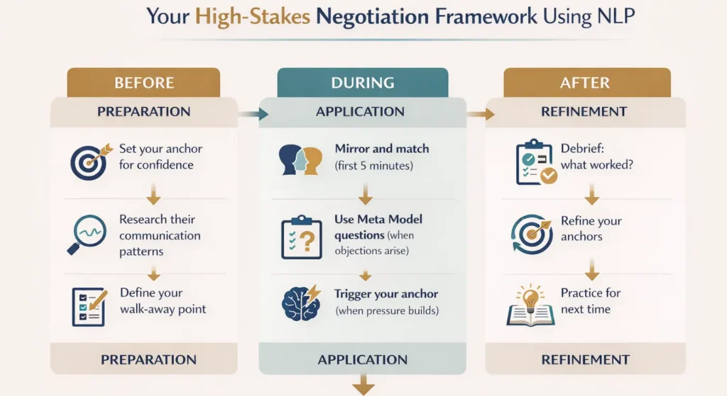 Infographic outlining an NLP high-stakes negotiation framework with preparation, application, and refinement steps