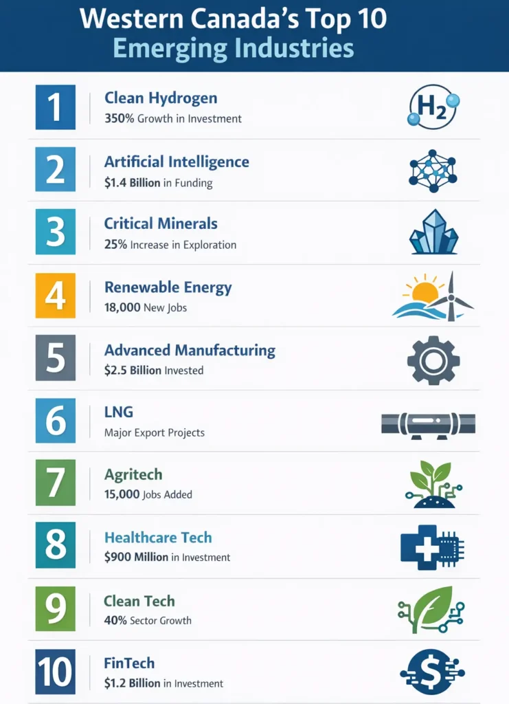 Chart listing Western Canada’s top 10 Emerging Industries including clean hydrogen, AI, minerals, and renewables