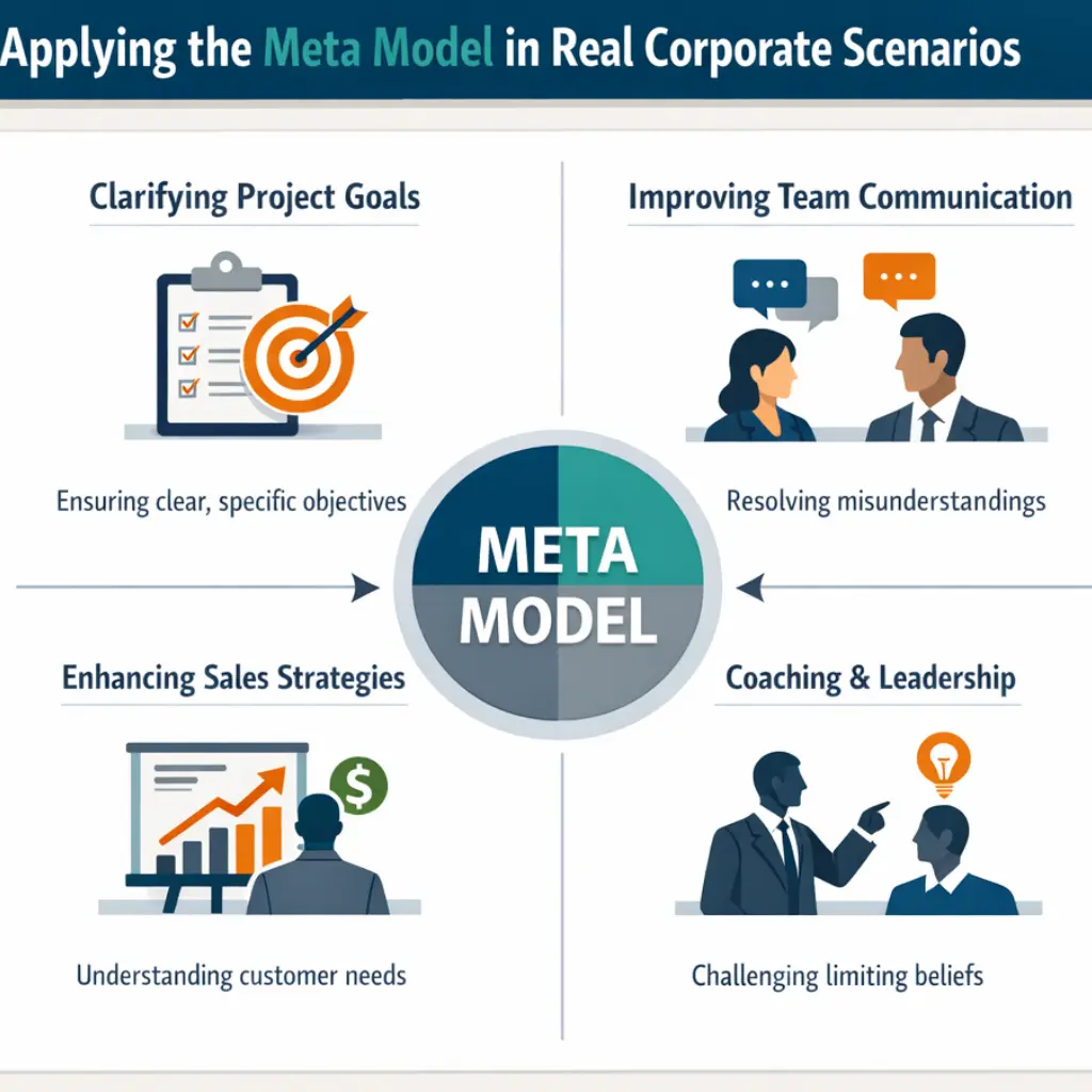 Infographic shows applying NLP Meta Model to goals, communication, sales, and leadership in business