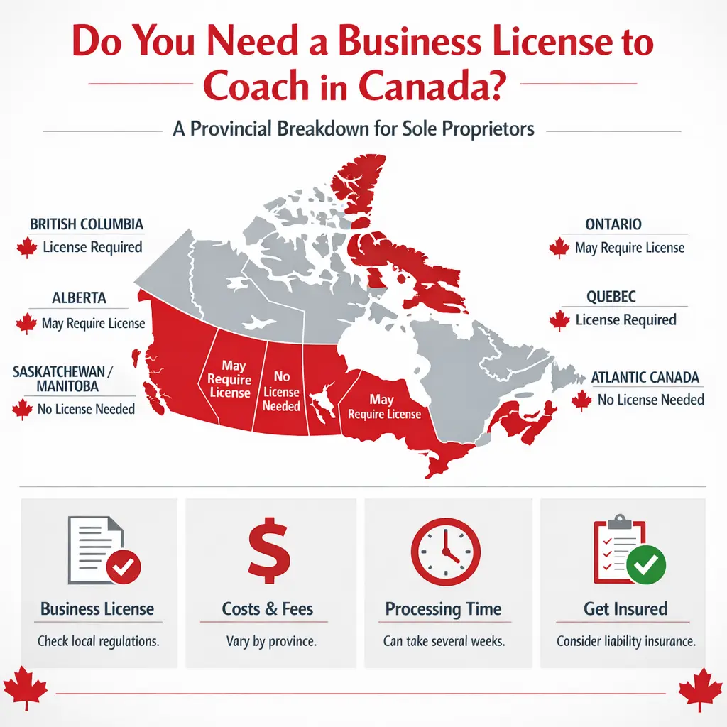 Map of Canada showing provincial business license requirements for coaching services