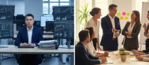 EQ vs IQ: analytical executive alone vs collaborative leadership team discussion scene