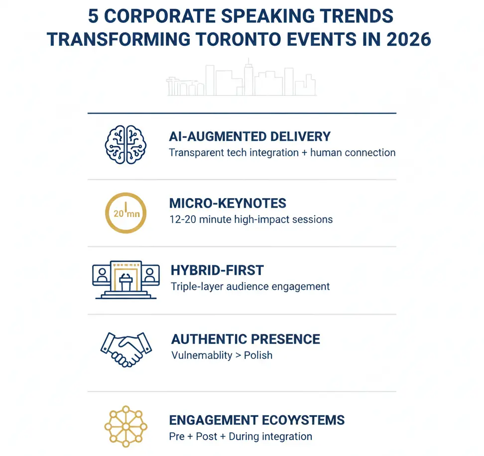 5 corporate speaking trends transforming Toronto events 2026: AI, micro-keynotes, hybrid-first
