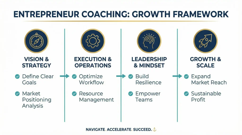 Entrepreneur coaching growth framework covering strategy, execution, leadership, scale