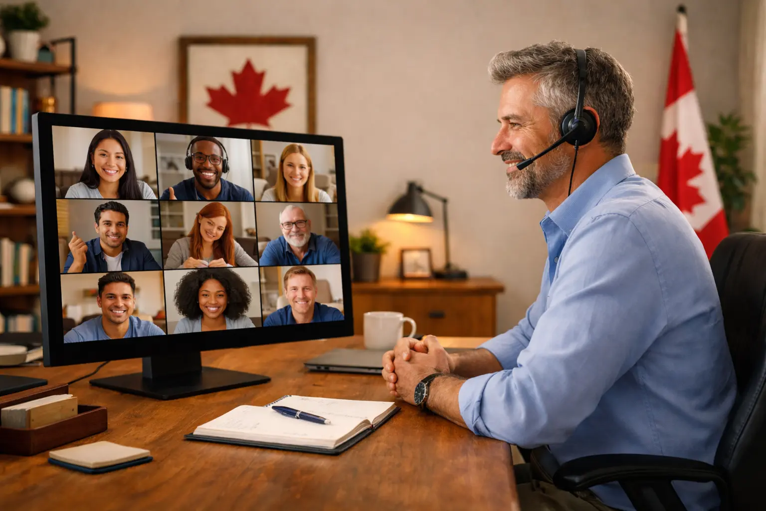 Remote Leadership in Canada with manager hosting virtual team meeting on video call