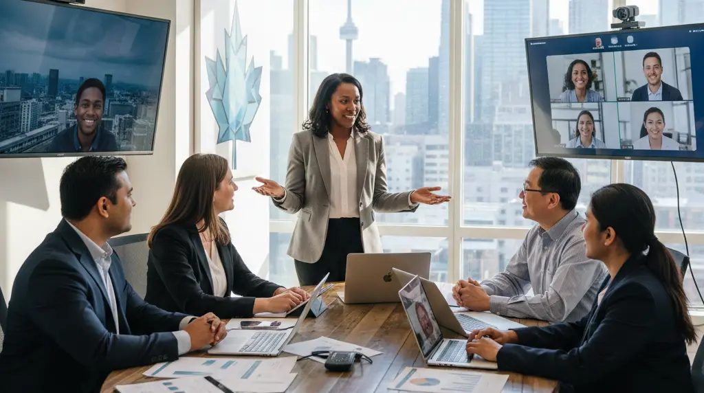 Canadian Tech leaders meeting in Toronto office with hybrid team video conference discussion