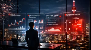 Public Information dashboards showing market analysis, SEDAR filings, and competitive data in Toronto skyline.