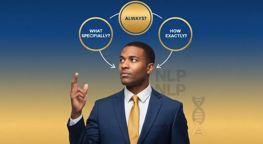 Business man using NLP Meta Model questioning patterns with what how always prompts for clearer communication